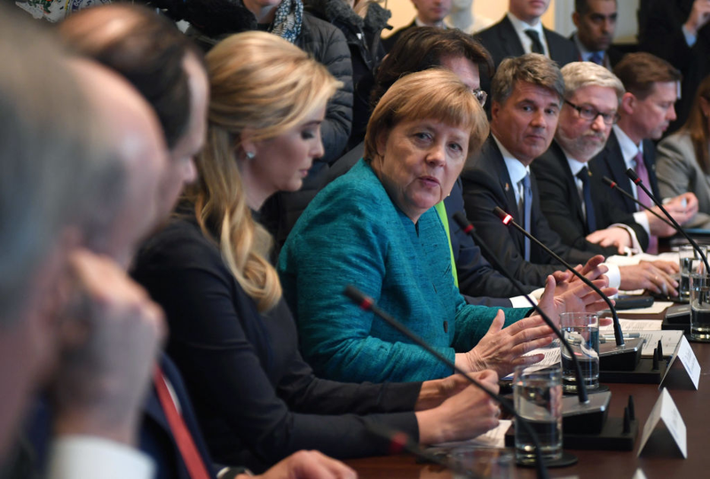 German Chancellor Angela Merkel (center), with Ivanka Trump (left center), speaks during a roundtable discussion on vocational training with U.S. and German business leaders, led by President Donald Trump, in the Cabinet Room of the White House on March 17, 2017. (Pat Benic-Pool/Getty Images)